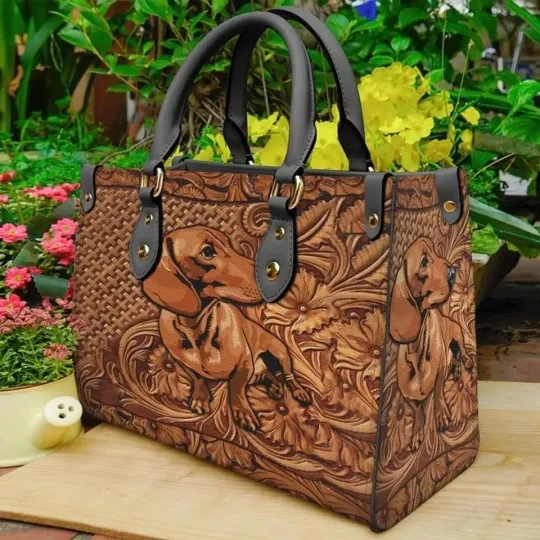 Discover Dachshund Wooden Leather Bag for Women, Dog Crossbody Bag