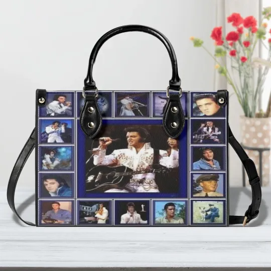 Discover Elvis Presley Blue Photo Collage Leather Handbag Purse Tote