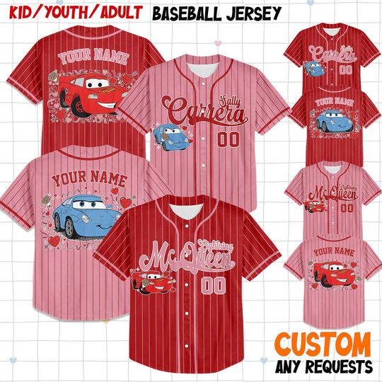 Discover Personalized McQueen & Sally Love Valentine 2026 Baseball Jersey, Custom Disney Valentine Jersey for Kid Youth Adult