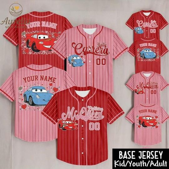 Discover Personalized Disney Cars McQueen Sally Baseball Jersey Shirt, Custom Couple Valentine 2026 Jersey for Kid Youth Adult