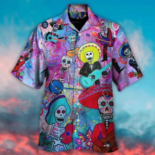 Discover Guitar Sugar Skull Aloha Hawaiian Shirt For Summer Guitar Day Of The Dead Calave