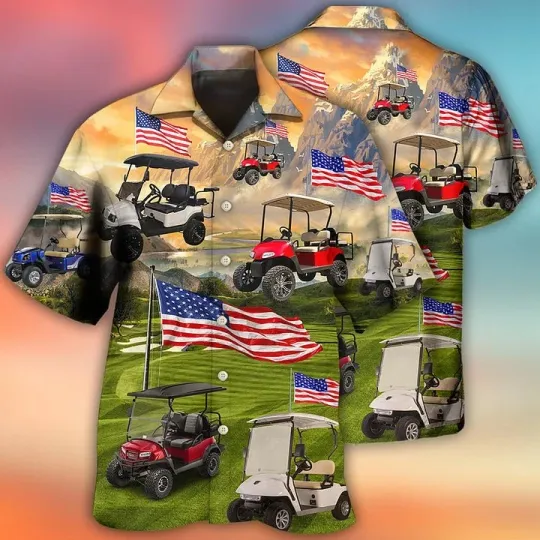 Discover Golf Aloha Hawaiian Shirts For Summer Golf Club Car USA Flag Independence Day H