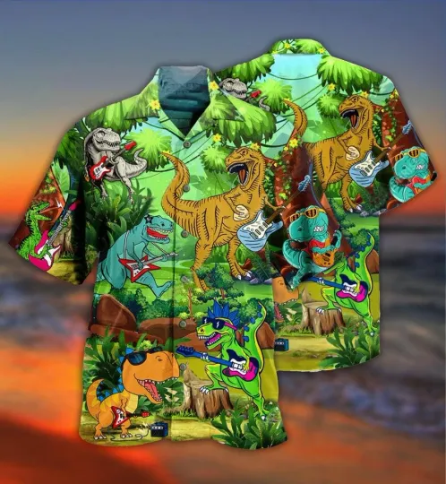 Discover Guitar Dinosaur Aloha Hawaiian Shirt For Summer Dinosaur Play Guitar Like A Star