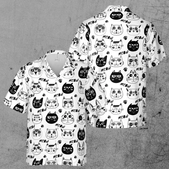 Discover Cute Cat Meow Hawaiian Shirt for Men, Funny Mens Hawaiian Shirts Short