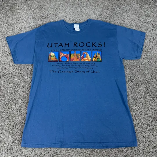 Discover Utah Shirt Mens Large Blue National Parks Zion Canyonlands Arches Geology