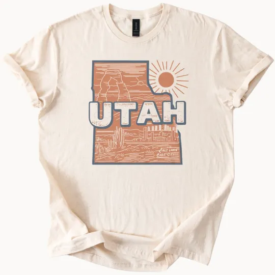 Discover Utah State Graphic T Shirt Desert Sun Salt Lake City Outline Western Nature Tee
