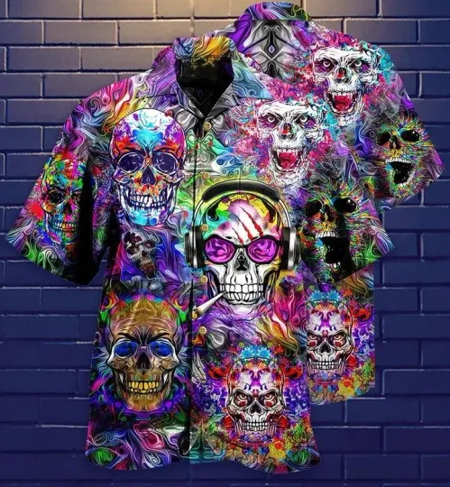 Discover Hippie Aloha Hawaiian Shirt   Hippie Skull Color Flowers Hawaiian Shirt For Summ
