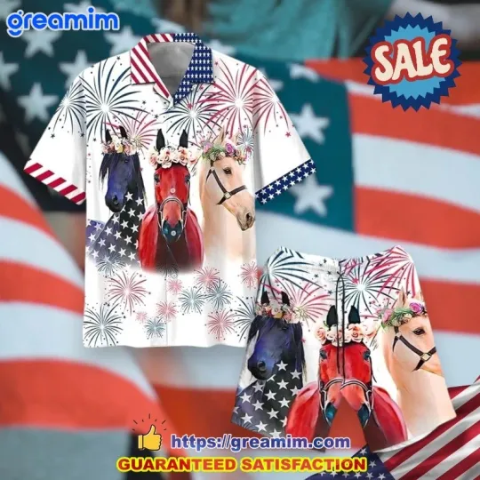 Discover Independence Day Horse And Flowers Fireworks Hawaiian Shirt