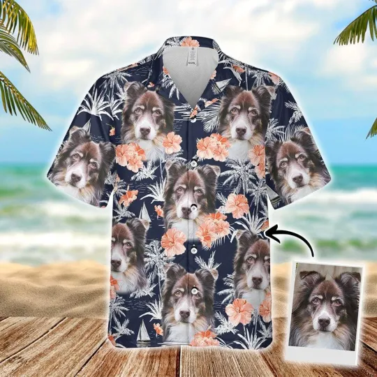 Customized Hawaiian Shirt With Pet Face Orange Flower Palm Trees And Sailboat D