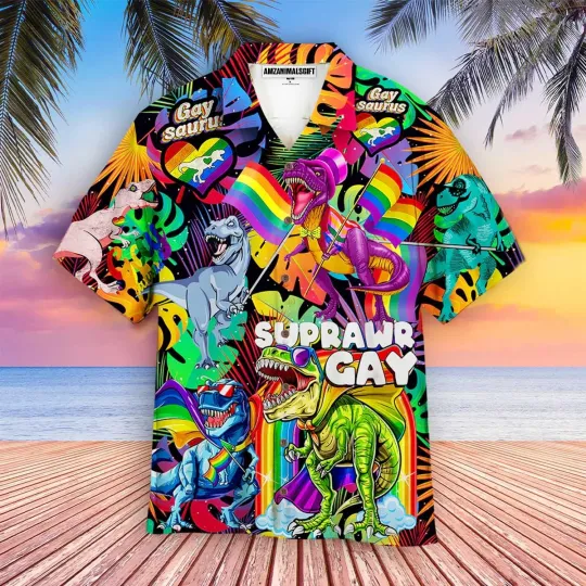Discover LGBT Aloha Hawaiian Shirts For Summer Gay Saurus Happy Pride Month Colorful Rain