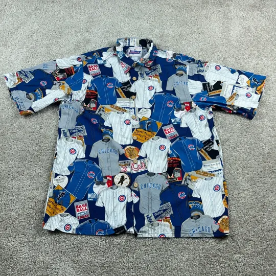 Discover Reyn Spooner Shirt Mens Large Blue Chicago Cubs MLB Stadium Button Up AOP Hawaii