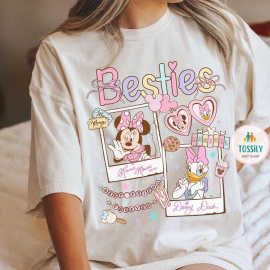 Discover Retro Coquette Bows Minnie and Daisy shirt, Disney With My Bestie, Disney Girls Trip shirts, WDW Magic Kingdom Disneyland Matching Girls Tee