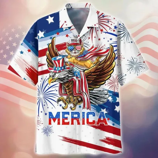 Discover Merica Eagle And Cats Independence Day Aloha Hawaiian Shirts For Summer Happy 4t