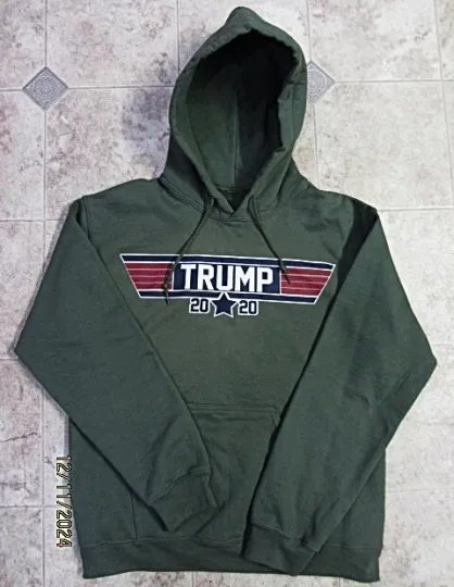 Discover President Donald Trump 2020 MAGA Hoodie Kangaroo pocket Army Green Worn Once EUC