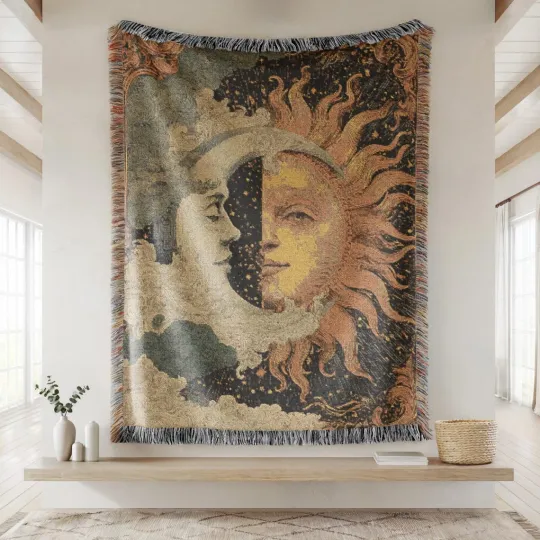 Vintage Celestial Sun Moon Woven Blanket Cozy Bohemian Zodiac Wall Tapestry