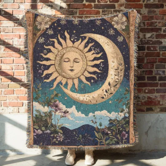 Vintage Celestial Sun Moon Woven Blanket Cozy Bohemian Celestial Tarot Tapestry
