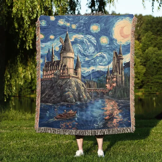 Discover Vintage Wizard School Woven Blanket Cozy Bohemian Starry Night Tapestry