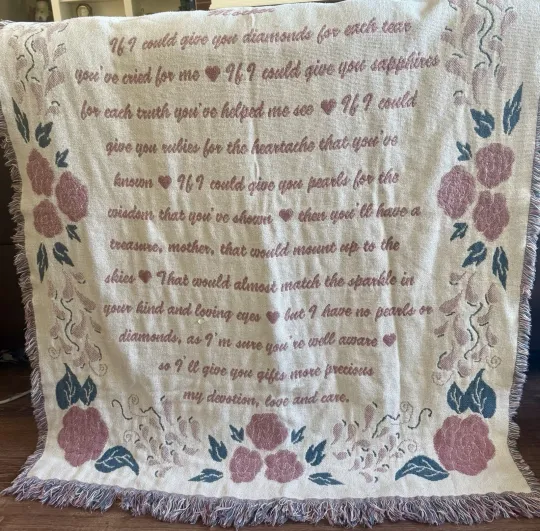 Discover Vintage Mother Poem Woven Throw Blanket Roses Hearts Tapestry 48x66