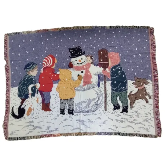 Discover Beacon Throw Blanket Fringe Winter Scene Children Puppy Dog Snowman Tapestry 508