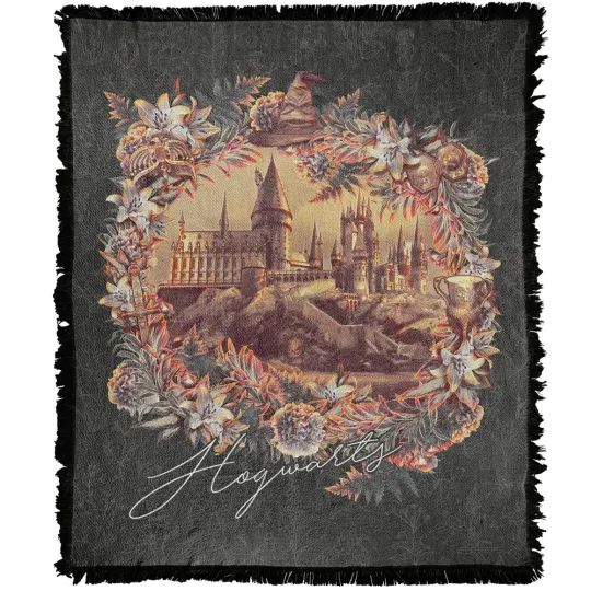 Harry Potter Blanket, 50"x60" Floral Lines Hogwarts Woven Blend Throw