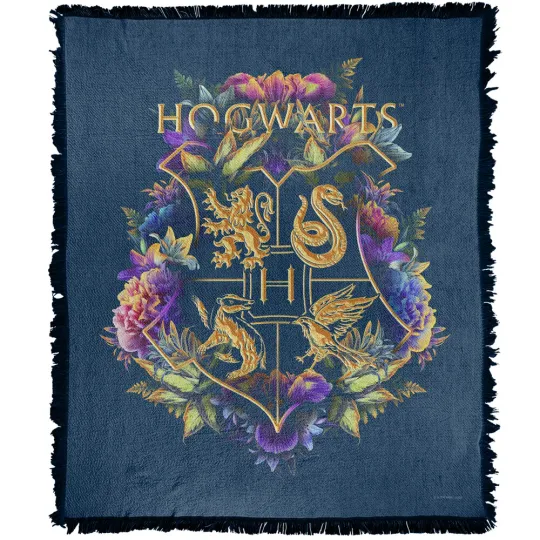 Harry Potter Blanket, 50"x60" Hogwarts Floral Crest Woven Blend Throw