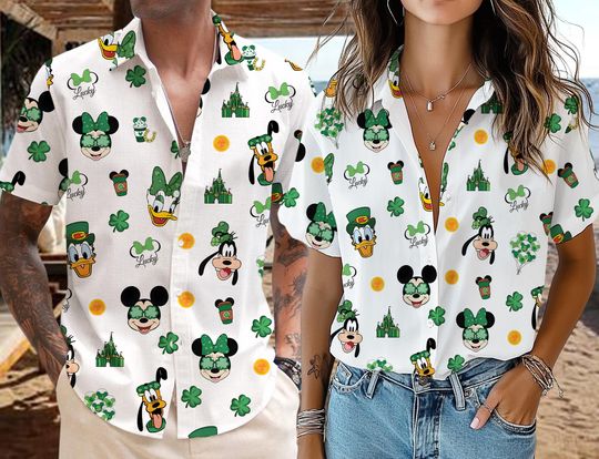 Discover St Patrick Mickey Friends Hawaiian Shirt, Disney Irish Shamrock Button Up, Minnie Goofy Donald Festive Aloha Vacation Gift