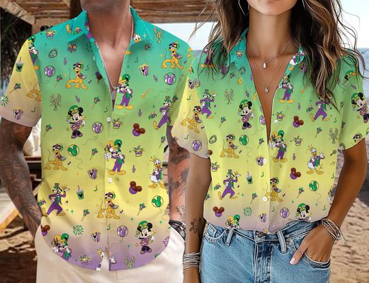 Disney Mickey Friends Mardi Gras Hawaiian Shirt, Carnival Festival Button Up Shirt, Mickey Minnie Goofy Donald, Aloha Vacation Shirt