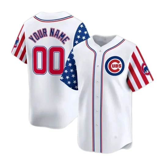 Custom 2025 Chicago Cubs Fourth Of July USA Flag Sleeve 3D Print White Jersey