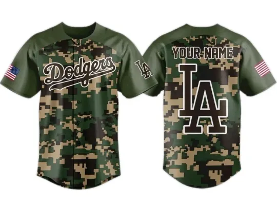 Discover Custom Los Angeles Dodgers 2025 Military Appreciation 3D Print Green Camo Baseball Jersey