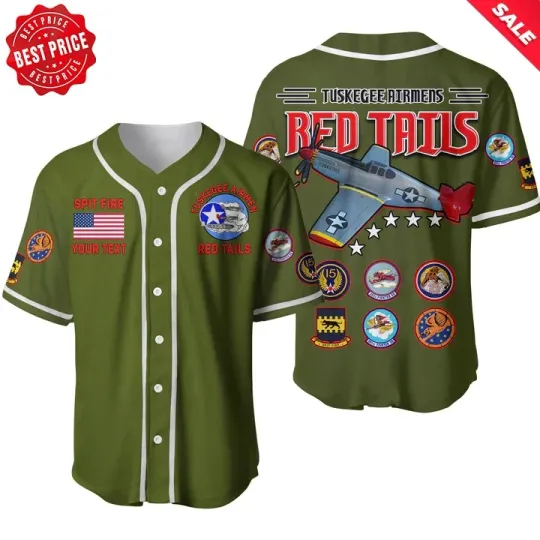 Personalised Tuskegee Airmen US Military Army Green Red Tails Baseball Jersey