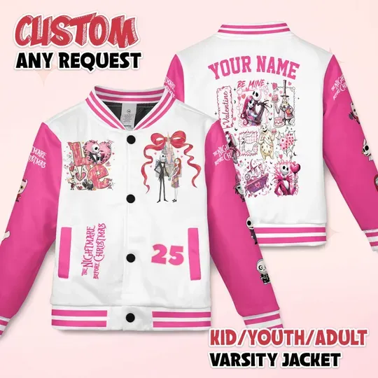 Custom The Nightmare Before Christmas Valentine Baseball Jacket, Personalized Jack Skellington  Jacket, Magic Kingdom Jacket