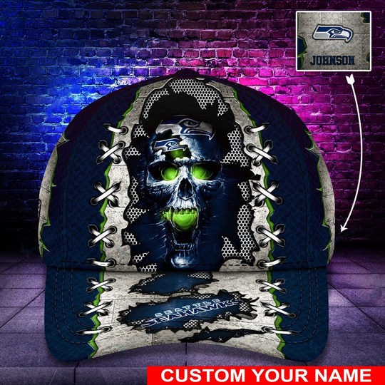 Custom Name football Seattle Seahawks Skull Classic Baseball Cap