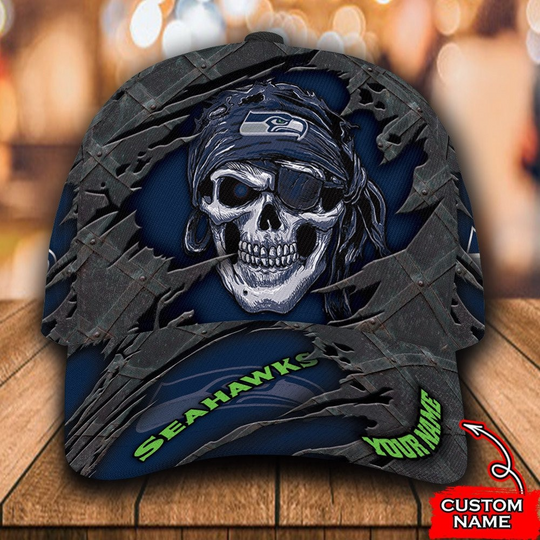 Custom Name football Seattle Seahawks Skull Baseball Cap