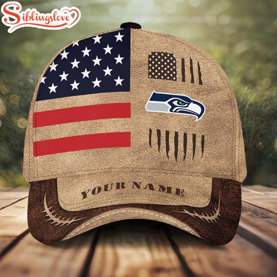 Discover Custom Name football Seattle Seahawks American Flag Classic Baseball Cap