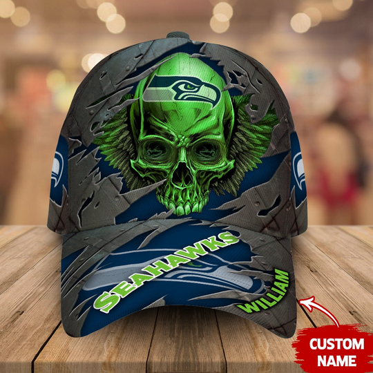 Discover Custom Name Seattle Seahawks football Skull Baseball Cap