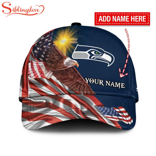 Custom Name football Seattle Seahawks American Flag Eagle Baseball Cap