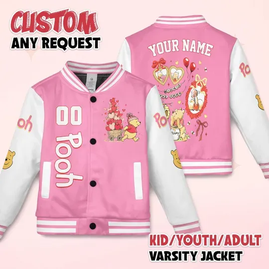 Custom Winnie the Pooh Valentine Baseball Jacket, Personalized Winnie The Pooh Baseball Jacket, Birthday Gift