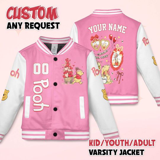 Discover Custom Winnie the Pooh Valentine Baseball Jacket, Personalized Winnie The Pooh Baseball Jacket, Birthday Gift