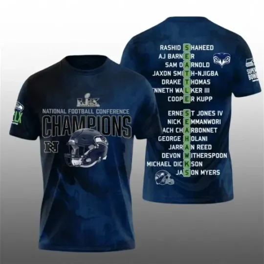 Discover 2026 Seahawks National Football Conference Champions All Over Print 3D T-shirt