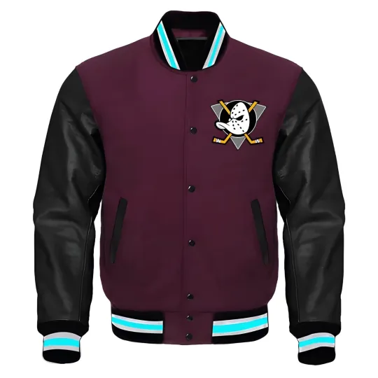 Discover Anaheim Ducks Maroon Body Black Leather Sleeves Varsity Jacket Men Size XL