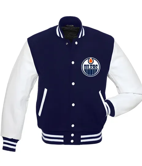 Discover Edmonton Oilers Navy Blue Body White Leather Sleeves Varsity Jacket Men Size XL