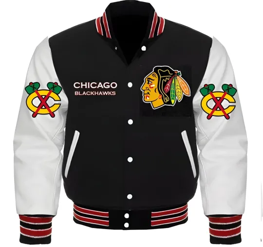 Discover Chicago Blackhawks Black Body White Leather Sleeves Varsity Jacket Men Size XL
