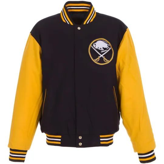 Discover Buffalo Sabres Black Body Gold Leather Sleeves Varsity Jacket Men Size XL