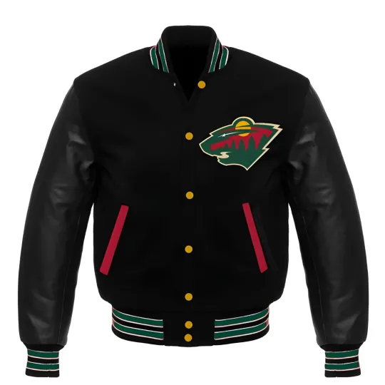 Discover Minnesota Wild Black Body Black Leather Sleeves Varsity Jacket Men Size XL