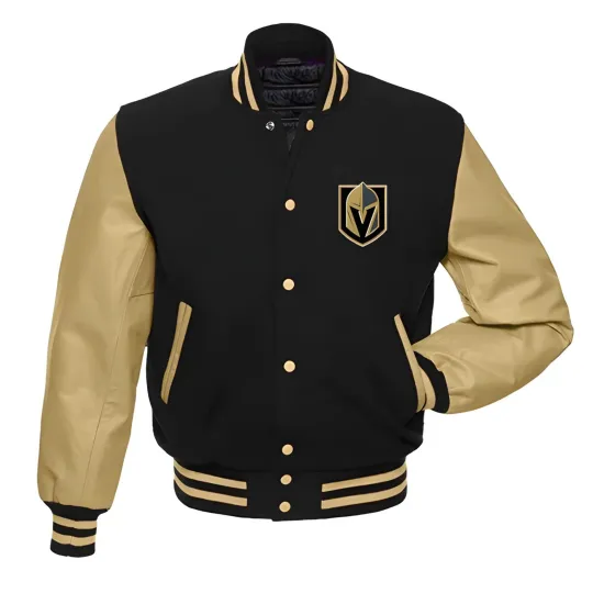 Discover Vegas Golden Knights Black Body Cream Leather Sleeves Varsity Jacket Men XL