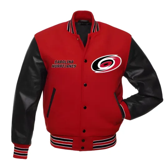 Discover Carolina Hurricanes Red Body Black Leather Sleeves Varsity Jacket Men Size XL