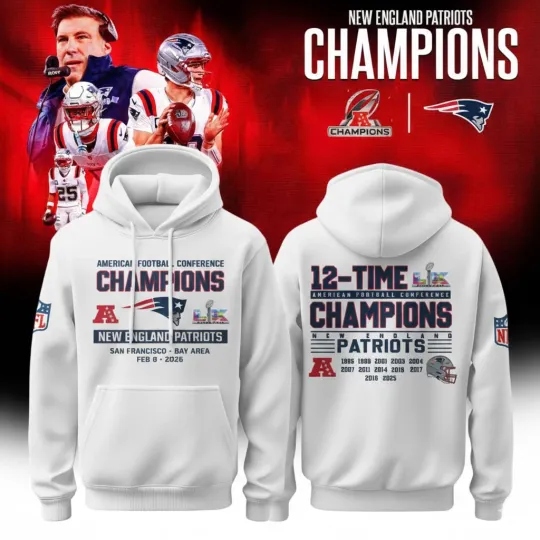 Discover New England Patriots 2025 Champions 12-Time White Hoodie
