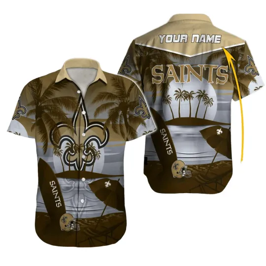 New Orleans Saints Hawaiian Shirt with Sunset Bay, Umbrella, and Helmet