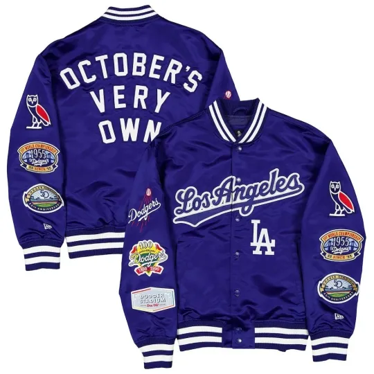 Discover Mens LA Dodgers OVO x New Era Royal Satin Crewneck Baseball Jacket