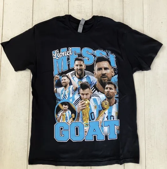 Lionel Messi Argentina World Cup GOAT Graphic Soccer Tee Shirt Black